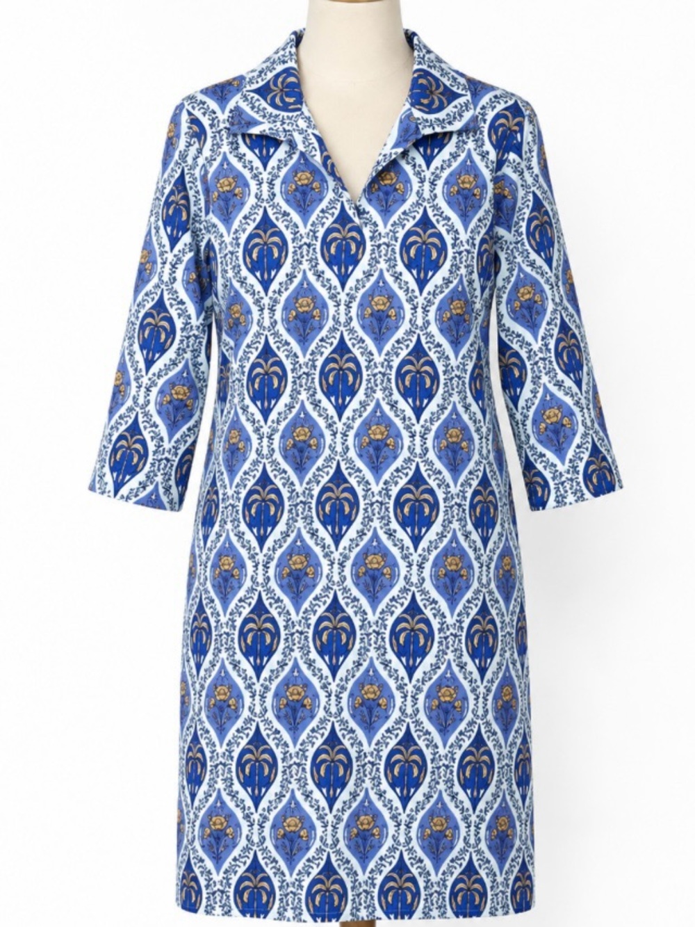SCAPA Lauren Perre Blue Gold Palm Print Cotton Poplin Shift dress